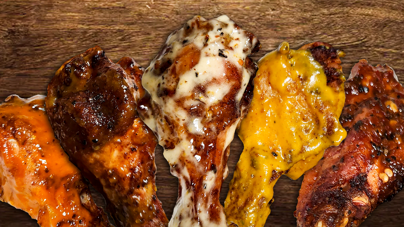 Smoked chicken wings tossed in various sauces.